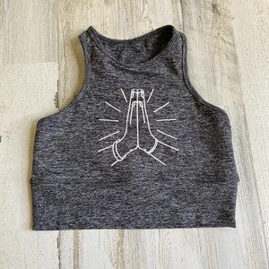 Y7 Studio Women's Size Medium Sports Bra Crop Tank Grey Heather Praying Hands
